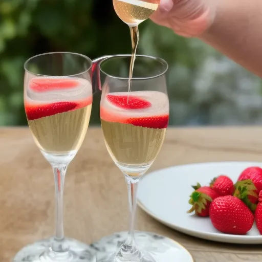 

A photo of two glasses of champagne, one filled with a golden bubbly liquid and the other with a light pink liquid, accompanied by a plate of fresh strawberries.