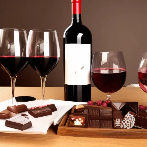 

A photo of a bottle of red wine and a box of chocolates, with two glasses of wine and a piece of chocolate on a plate.