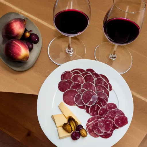 

A glass of deep red Pinot Noir wine with a plate of charcuterie and cheese, surrounded by fresh grapes and figs.
