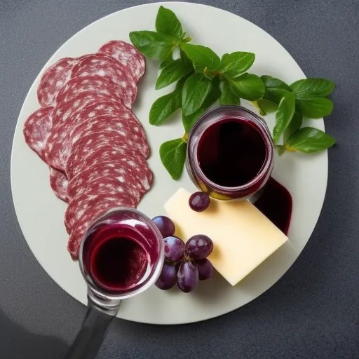 

A glass of red wine with a plate of cheese, charcuterie, and grapes, providing the perfect accompaniment to a glass of red wine.