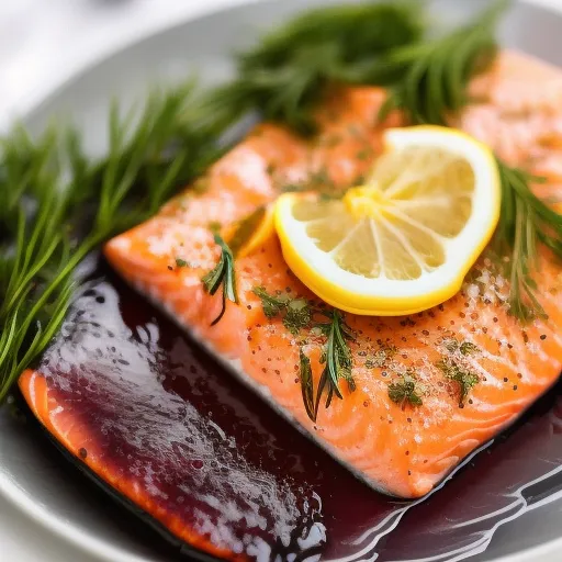

A close-up of a glass of red wine and a plate of salmon, garnished with lemon slices and herbs.