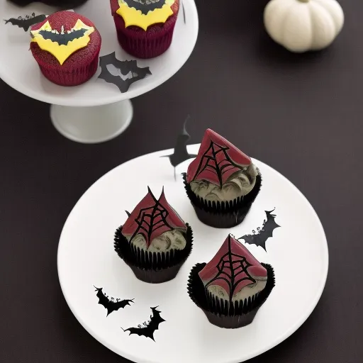 

A glass of red wine and a plate of spooky Halloween-themed cupcakes, with a bat-shaped cookie perched on top.