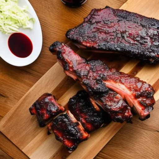 

A glass of red wine and a plate of BBQ ribs, with a side of coleslaw, on a wooden table.
