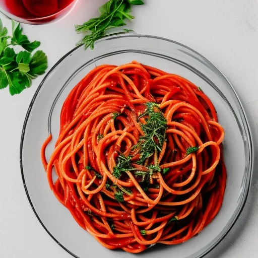 

A glass of red wine and a plate of spaghetti with tomato sauce, surrounded by fresh herbs.