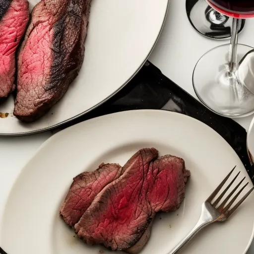 

A glass of red wine next to a plate of steak and potatoes, with a fork and knife on the side.