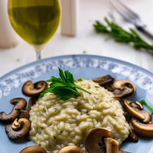 

A close-up of a plate of risotto with mushrooms, garnished with fresh herbs, and a glass of white wine.